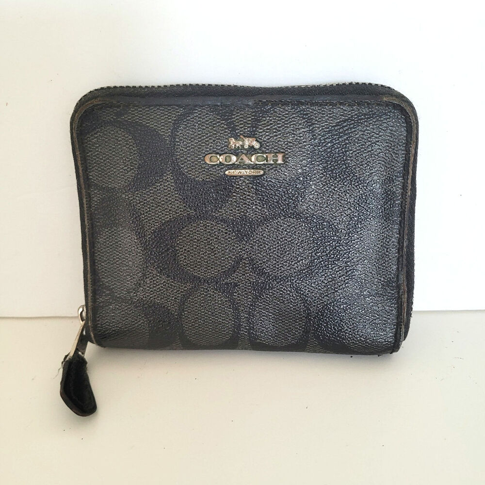 Coach‎ Leather Wallet Zip Around Medium Black Compact Purse Card Coin Logo Fair